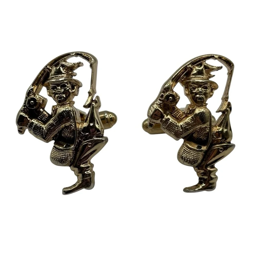Fisherman Cufflinks by Hickok USA‎ Gold Tone Hooked Underwear Funny Nautical VTG